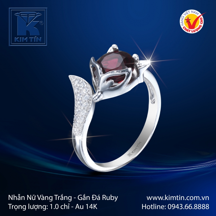 Nhẫn Nữ Vàng Trắng Gắn Đá Ruby