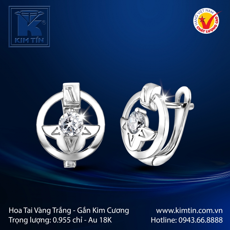 Hoa Tai Kim Cương Vàng Trắng 18K
