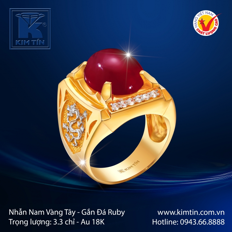 Nhẫn Nam Vàng Tây Gắn Đá Ruby